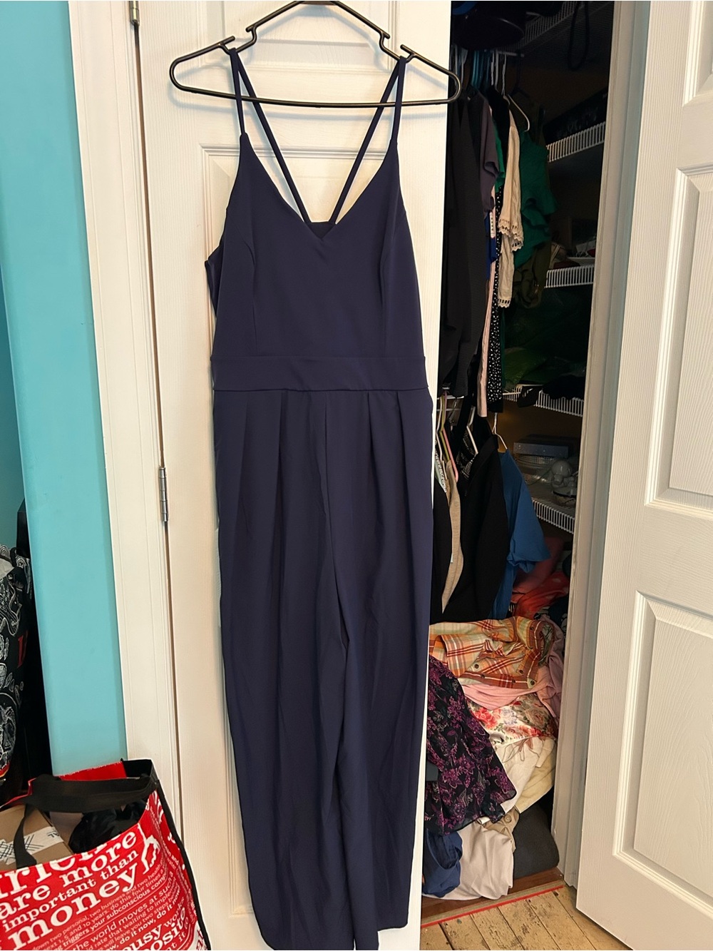 HALARA Navy V-Neck Double-Strap Wide-Leg Jumpsuit